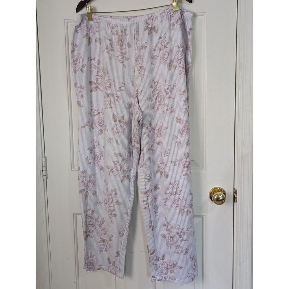 Laura Ashley Pajama Set Top Pants Womens 2X White Pink Floral Stretch Rib Knit - Picture 5 of 8